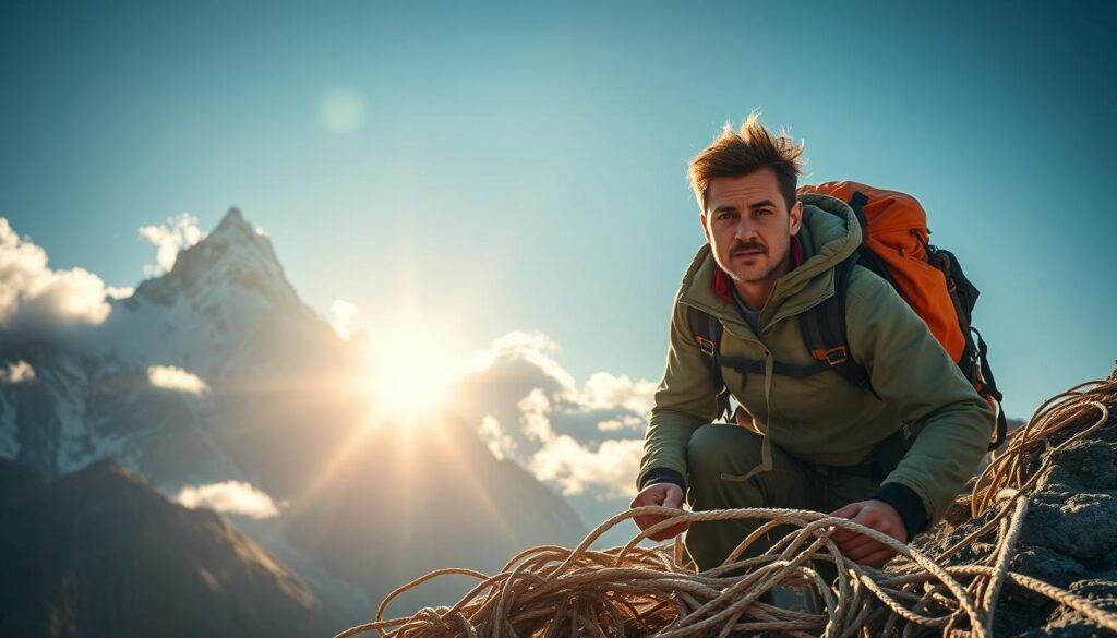 A majestic mountain landscape, its peaks piercing the clouds, serves as the backdrop for a determined explorer navigating a treacherous path. Sunlight casts a warm glow, illuminating the rugged terrain and the explorer's resolute expression. In the foreground, a tangled web of obstacles, representing the challenges of change, must be skillfully traversed. The explorer's hiking gear and equipment suggest preparedness, while their focused gaze conveys the determination to overcome the obstacles and reach the summit. The scene evokes a sense of perseverance, resilience, and the triumph of the human spirit in the face of adversity.