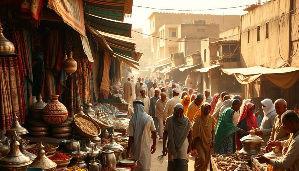 A bustling Sudanese marketplace, its evolution captured in a vibrant, cinematic composition. In the foreground, an array of vendors showcase their wares - handcrafted textiles, aromatic spices, and gleaming metalwork. The middle ground reveals the dynamic interplay of buyers and sellers, haggling and exchanging in a lively dance. The background is a tapestry of sun-dappled alleyways, weathered facades, and the warm, golden light of a Sudanese afternoon. The scene conveys a sense of timeless tradition and the pioneering spirit of innovation that defines the Alsoug marketplace, a testament to the visionary leadership of Tarneem Saeed.