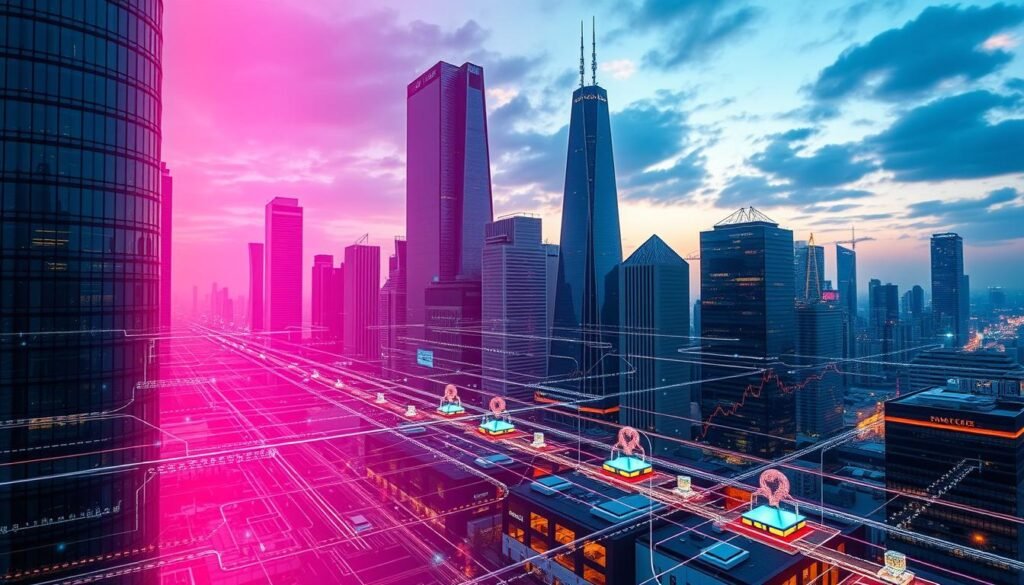 A dynamic, futuristic cityscape with towering glass skyscrapers and sleek, modern architecture. In the foreground, a complex web of digital interfaces, secure transaction pathways, and intricate data analytics systems symbolize the challenges of navigating the digital insurance landscape. Vibrant neon hues and holographic overlays create an immersive, tech-driven atmosphere, while subtle shadows and highlights suggest the need for careful optimization and risk management. The scene conveys the convergence of cutting-edge technology, regulatory complexities, and the evolving demands of the modern insurance consumer.