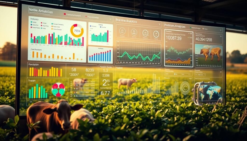 A high-tech agricultural analytics dashboard displays real-time data visualizations on a large, curved screen. In the foreground, colorful charts and graphs provide insights into livestock health, feed efficiency, and production trends. The middle ground features an array of connected IoT sensors and monitoring devices, creating a futuristic, precision farming setup. The background showcases a lush, verdant farm landscape, blending seamlessly with the advanced technological interface. Warm, diffused lighting casts a natural glow, creating an atmosphere of innovation and sustainability. The scene conveys Nneile Nkholise's vision for leveraging cutting-edge technology to drive agricultural progress and impact.