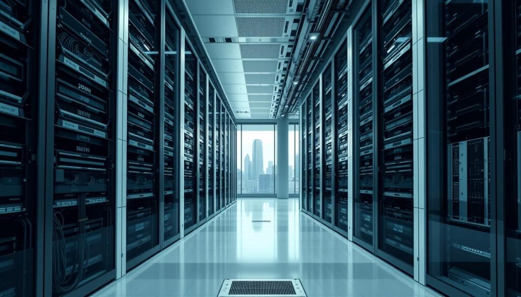 A vast, modern data center complex with sleek, towering structures housing Equinix's high-performance computing infrastructure. The foreground features a close-up view of servers, cables, and cooling systems, conveying the technical precision and scale of the integration between MainOne and Equinix. The middle ground showcases the clean, minimalist architecture, with large windows and angular lines. The background depicts a cityscape, hinting at the broader connectivity and reach of the integrated data centers. The scene is bathed in a cool, neutral lighting that emphasizes the sophisticated, cutting-edge nature of the facility.