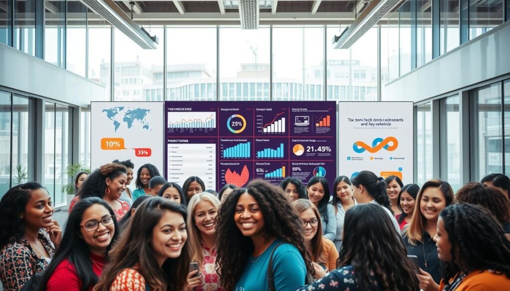 A vibrant and dynamic scene showcasing the outcomes of the Women Techsters Initiative. In the foreground, a diverse group of women are gathered, their faces beaming with pride and accomplishment as they work collaboratively on various tech projects. The middle ground features a large display screen showcasing infographics, charts, and statistics highlighting the initiative's impressive achievements and impact. In the background, a sleek, modern office space with floor-to-ceiling windows allows natural light to flood the scene, creating a sense of openness and innovation. The overall atmosphere exudes a palpable energy, capturing the spirit of empowerment, innovation, and the transformative potential of women in technology.