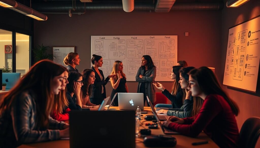 A vibrant, well-lit scene depicting a diverse group of women engrossed in coding and collaborative work. In the foreground, several women sit around a table, their faces illuminated by the glow of laptop screens, their expressions focused and determined. The middle ground showcases women standing, gesturing animatedly as they discuss project plans and exchange ideas. In the background, a large whiteboard displays intricate diagrams and flowcharts, reflecting the technical nature of their work. Warm lighting casts a welcoming glow, creating a sense of camaraderie and shared purpose within the space. The overall atmosphere exudes a spirit of empowerment, innovation, and community.