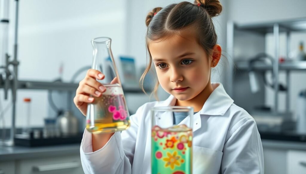 A young girl with a curious expression stands in a well-lit laboratory, wearing a pristine white lab coat that hints at her budding scientific interests. She examines a beaker filled with a vibrant, bubbling liquid, her gaze brimming with wonder and excitement, as if on the verge of a groundbreaking discovery. The background is a clean, sterile workspace, with gleaming metal surfaces and intricate scientific equipment, suggesting an environment conducive to learning and exploration. Soft, directional lighting illuminates her face, casting subtle shadows that lend depth and drama to the scene, capturing the essence of a formative experience that could shape her future.