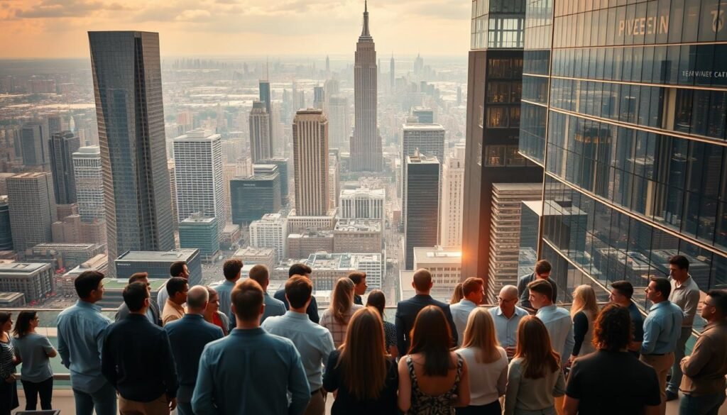 An expansive aerial view of a bustling venture capital hub, with towering skyscrapers and a thriving cityscape in the background. In the foreground, a group of diverse individuals - entrepreneurs, investors, and analysts - engaged in animated discussions, representing the dynamic ecosystem of Ingressive Capital. The scene is illuminated by warm, golden lighting, casting a sense of progress and innovation. Sleek, modern architecture and the hum of activity create a palpable atmosphere of opportunity and growth, reflecting the transformative impact of venture capital investment.