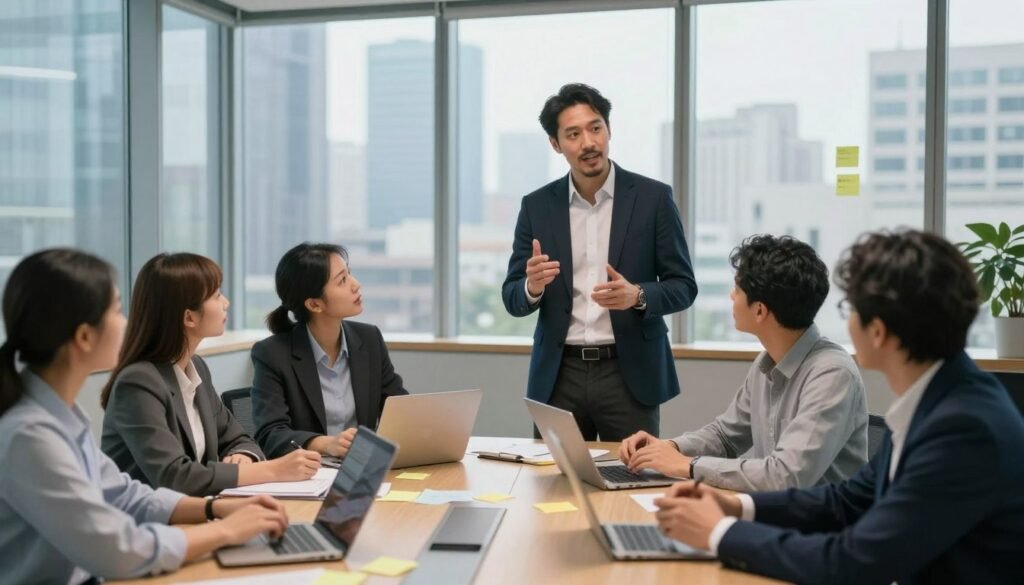 A confident leader in a modern office setting, standing at the forefront, showcases a diverse team of professionals seated around a sleek conference table, engaging in lively discussion. The leader, dressed in professional business attire, has an expressive demeanor, showcasing enthusiasm for innovative ideas. In the middle ground, team members brainstorm with sticky notes and laptops, clearly immersed in a creative session. The background features large windows with a city skyline, emphasizing ambition and progress. Soft, natural lighting filters in, creating an inviting atmosphere. The image captures a moment of collaborative risk-taking, exuding an aura of determination and optimism. The angle is slightly above eye level, focusing on the leader’s inspiring presence while still showing the team's dynamic interaction. A confident leader in a modern office setting, standing at the forefront, showcases a diverse team of professionals seated around a sleek conference table, engaging in lively discussion. The leader, dressed in professional business attire, has an expressive demeanor, showcasing enthusiasm for innovative ideas. In the middle ground, team members brainstorm with sticky notes and laptops, clearly immersed in a creative session. The background features large windows with a city skyline, emphasizing ambition and progress. Soft, natural lighting filters in, creating an inviting atmosphere. The image captures a moment of collaborative risk-taking, exuding an aura of determination and optimism. The angle is slightly above eye level, focusing on the leader’s inspiring presence while still showing the team's dynamic interaction.