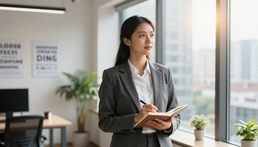 A confident leader stands at a modern office workspace, gazing thoughtfully out of a large window, symbolizing clarity and self-assurance. In the foreground, a well-dressed professional in a tailored suit embodies empowerment, with a notebook and pen in hand, jotting down ideas for growth. The middle ground features a bright, inviting office environment with motivational quotes on the wall, plants for a touch of nature, and sunlight pouring in from the window, creating a warm atmosphere. The background hints at a bustling city skyline, representing progress and ambition. The lighting is soft, enhancing the uplifting mood, while a slight lens blur emphasizes the leader in focus, capturing the essence of overcoming imposter syndrome and embracing one's potential.