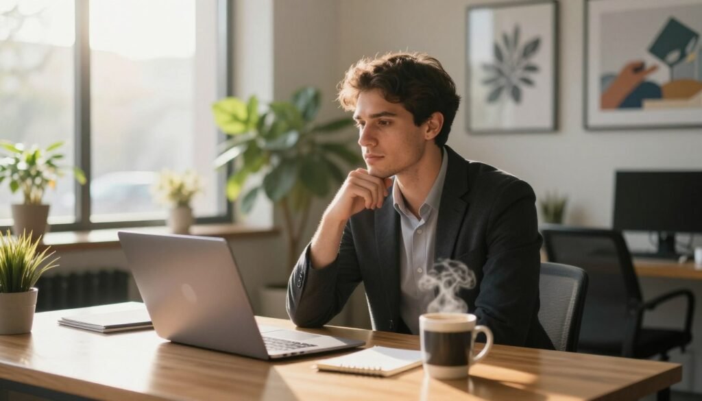 A contemplative early-stage founder sits at a sleek wooden desk in a modern office, dressed in professional business attire. The foreground features a well-organized workspace with a laptop, notepad, and a steaming mug of coffee. In the middle ground, soft sunlight filters through large windows, casting warm, golden light and illuminating the founder's thoughtful expression. Behind them, lush green plants and motivational artwork create a positive atmosphere. The camera angle is slightly elevated, capturing both the founder's face and the inviting workspace. The mood is introspective and inspiring, emphasizing self-awareness as a key component of building company culture. Subtle bokeh in the background enhances focus on the founder, creating a sense of clarity and purpose. A contemplative early-stage founder sits at a sleek wooden desk in a modern office, dressed in professional business attire. The foreground features a well-organized workspace with a laptop, notepad, and a steaming mug of coffee. In the middle ground, soft sunlight filters through large windows, casting warm, golden light and illuminating the founder's thoughtful expression. Behind them, lush green plants and motivational artwork create a positive atmosphere. The camera angle is slightly elevated, capturing both the founder's face and the inviting workspace. The mood is introspective and inspiring, emphasizing self-awareness as a key component of building company culture. Subtle bokeh in the background enhances focus on the founder, creating a sense of clarity and purpose.