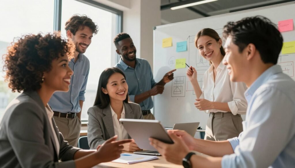 A diverse group of business professionals in a modern office environment, engaged in a collaborative discussion that radiates positivity and support. In the foreground, two colleagues—one woman of African descent and one man of Asian descent—are smiling as they share ideas over a digital tablet. In the middle, a diverse team of three individuals (a Hispanic woman, a Black man, and a Caucasian woman) is engaged in a brainstorming session, surrounding a whiteboard filled with colorful notes and diagrams, symbolizing teamwork and brainstorming. In the background, large windows filter warm, natural light, creating an inviting atmosphere and casting soft shadows. The mood is uplifting and dynamic, reflecting an environment where morale is high and change is embraced as an opportunity for growth.