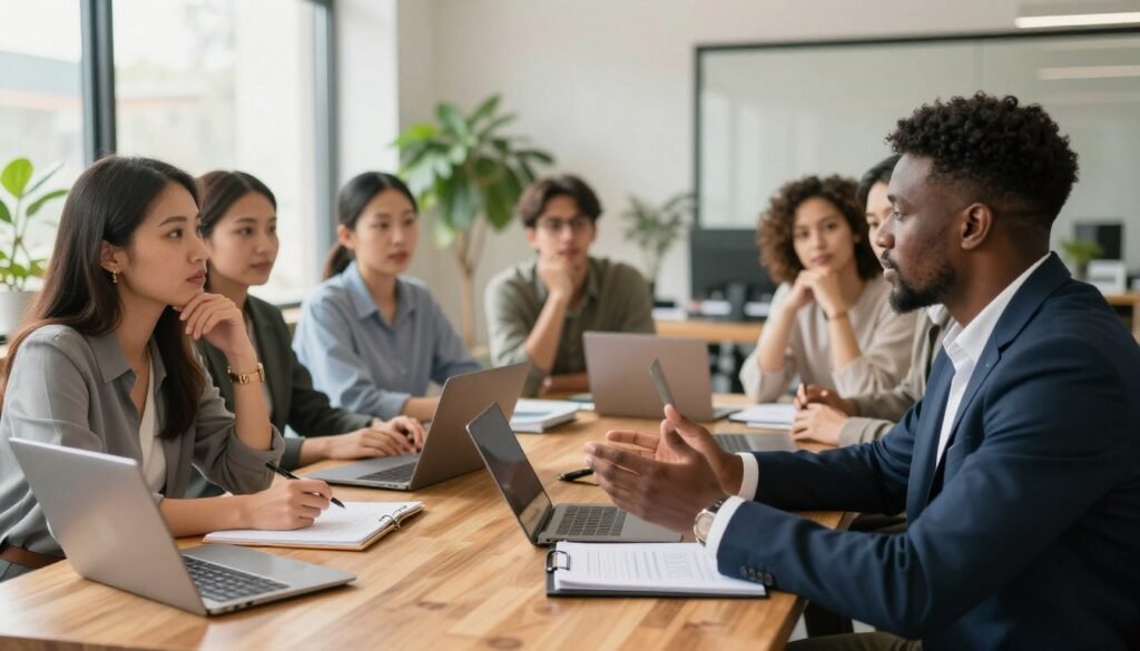 A diverse group of professional individuals in a modern office setting, gathered around a large wooden table covered with notepads and laptops. The foreground features a thoughtful discussion, showcasing two people passionately sharing ideas; one is a woman of Asian descent in smart attire, and the other is a Black man in a tailored suit. In the middle ground, several colleagues listen attentively, nodding in agreement. The background reveals a bright, inviting office with large windows letting in warm, natural light and green plants adding a touch of freshness. The atmosphere is collaborative and inspiring, reflecting a strong sense of shared values and purpose in building a vibrant company culture, framed with a soft focus to enhance the mood. A diverse group of professional individuals in a modern office setting, gathered around a large wooden table covered with notepads and laptops. The foreground features a thoughtful discussion, showcasing two people passionately sharing ideas; one is a woman of Asian descent in smart attire, and the other is a Black man in a tailored suit. In the middle ground, several colleagues listen attentively, nodding in agreement. The background reveals a bright, inviting office with large windows letting in warm, natural light and green plants adding a touch of freshness. The atmosphere is collaborative and inspiring, reflecting a strong sense of shared values and purpose in building a vibrant company culture, framed with a soft focus to enhance the mood.