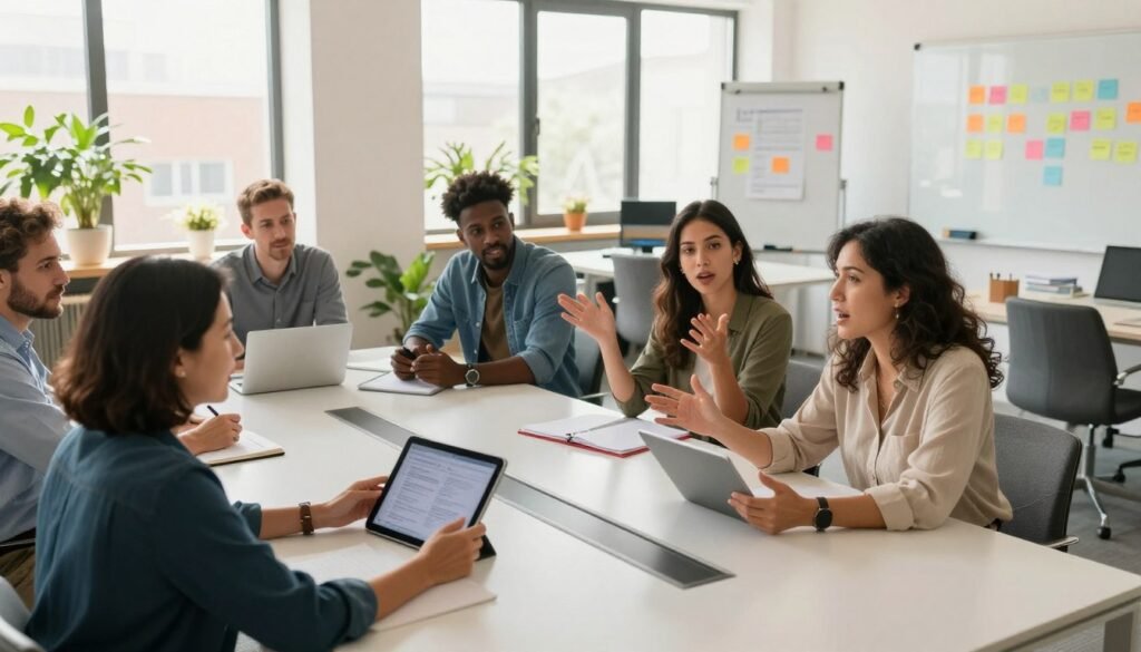 A diverse group of professionals engaged in a vibrant brainstorming session, sitting around a sleek, modern conference table. In the foreground, a middle-aged woman of Asian descent passionately presents an idea, using a digital tablet. The middle section features a young Black man and a Caucasian woman sharing notes, while a Hispanic woman gestures animatedly, fostering discussion. The background showcases a bright, open office space with large windows, letting in warm natural light, plants, and collaborative tools like whiteboards and sticky notes. The atmosphere is energetic and inclusive, reflecting a culture of collaboration. The angle is slightly elevated, giving a comprehensive view of the scene, enhancing the sense of teamwork and shared purpose. A diverse group of professionals engaged in a vibrant brainstorming session, sitting around a sleek, modern conference table. In the foreground, a middle-aged woman of Asian descent passionately presents an idea, using a digital tablet. The middle section features a young Black man and a Caucasian woman sharing notes, while a Hispanic woman gestures animatedly, fostering discussion. The background showcases a bright, open office space with large windows, letting in warm natural light, plants, and collaborative tools like whiteboards and sticky notes. The atmosphere is energetic and inclusive, reflecting a culture of collaboration. The angle is slightly elevated, giving a comprehensive view of the scene, enhancing the sense of teamwork and shared purpose.