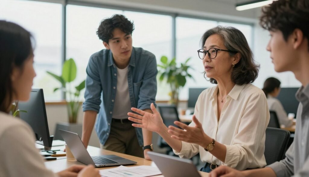A diverse group of professionals in a modern office setting engaged in a lively discussion, symbolizing communication that fosters psychological safety. In the foreground, a middle-aged woman with glasses, wearing a smart blouse, gestures warmly, inviting others to share their thoughts. Next to her, a young man in a casual shirt leans forward, appearing attentive and encouraged. In the background, large windows let in soft, natural light, illuminating a vibrant workspace filled with plants and collaborative furniture. The atmosphere is open and supportive, conveying a sense of trust and engagement, with a focus on connection and collaboration. The angle emphasizes the interaction between the individuals, capturing the essence of inviting engagement through positive communication habits.