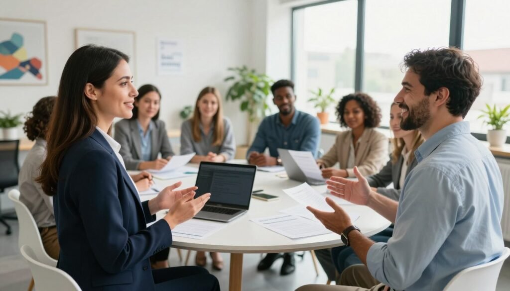 A diverse group of professionals in a modern office setting symbolizing trust and culture during a leadership transition. In the foreground, a confident female leader in professional attire engages in conversation with a male colleague, both smiling and exhibiting open body language. In the middle ground, a round table surrounded by various team members representing different ethnicities, discussing ideas with papers and a laptop, embodying collaboration and shared values. The background shows a bright, naturally lit office with motivational artwork on the walls, plants for a welcoming atmosphere, and large windows letting in sunlight. The mood is optimistic and inspiring, capturing the essence of trust and teamwork during a leadership change. The angle is slightly elevated, focusing on the connection among the team. A diverse group of professionals in a modern office setting symbolizing trust and culture during a leadership transition. In the foreground, a confident female leader in professional attire engages in conversation with a male colleague, both smiling and exhibiting open body language. In the middle ground, a round table surrounded by various team members representing different ethnicities, discussing ideas with papers and a laptop, embodying collaboration and shared values. The background shows a bright, naturally lit office with motivational artwork on the walls, plants for a welcoming atmosphere, and large windows letting in sunlight. The mood is optimistic and inspiring, capturing the essence of trust and teamwork during a leadership change. The angle is slightly elevated, focusing on the connection among the team.