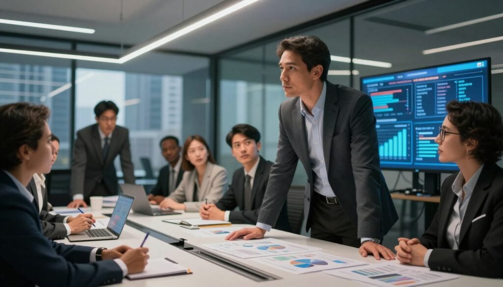A focused business leader, dressed in a smart professional suit, stands at a modern conference table, surrounded by analytical charts and glowing digital displays. The foreground captures the leader's contemplative expression, illuminated by soft yet dramatic overhead lighting that casts thoughtful shadows. In the middle, a diverse group of team members, engaged and attentive, leans forward, showcasing a dynamic brainstorming session. The background reveals a sleek, glass-walled office with a city skyline, emphasizing a high-stakes environment. The scene conveys a mood of intense concentration and collaborative energy, reflecting decision-making and critical thinking under pressure. Use a wide-angle lens for a dramatic perspective, ensuring warmth in colors to foster a sense of motivation and urgency. A focused business leader, dressed in a smart professional suit, stands at a modern conference table, surrounded by analytical charts and glowing digital displays. The foreground captures the leader's contemplative expression, illuminated by soft yet dramatic overhead lighting that casts thoughtful shadows. In the middle, a diverse group of team members, engaged and attentive, leans forward, showcasing a dynamic brainstorming session. The background reveals a sleek, glass-walled office with a city skyline, emphasizing a high-stakes environment. The scene conveys a mood of intense concentration and collaborative energy, reflecting decision-making and critical thinking under pressure. Use a wide-angle lens for a dramatic perspective, ensuring warmth in colors to foster a sense of motivation and urgency.