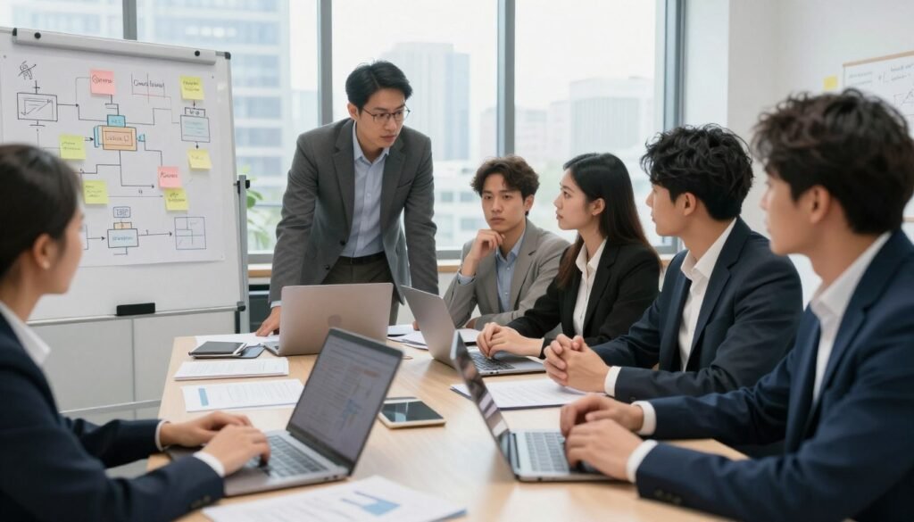 A focused office workspace depicting a diverse team of professionals in business attire, engaged in a strategic meeting around a large table cluttered with laptops and documents. In the foreground, a whiteboard is filled with flowcharts and sticky notes illustrating processes and infrastructure plans, reflecting the theme of growth stalling due to agility issues. The middle ground shows team members discussing ideas, their expressions conveying determination and collaboration. The background features large windows letting in natural light, with a city skyline visible, symbolizing ambition and opportunity. The atmosphere is tense yet productive, embodying the challenges and solutions faced by early-stage startups. Use soft, bright lighting to evoke a sense of hope and innovation.