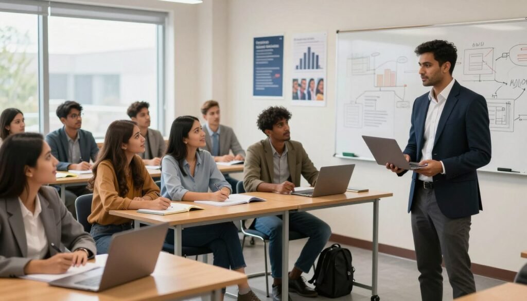 A modern business school classroom filled with diverse students engaged in a lively discussion. In the foreground, a confident South Asian man in a sharp suit stands at a presentation podium with a laptop and charts displayed. The middle section shows enthusiastic students of various ethnicities seated at polished wooden desks, taking notes and participating. The background features large windows allowing natural light to illuminate the space, filled with business-themed posters and a whiteboard filled with strategic diagrams. The atmosphere is professional yet energetic, highlighting collaboration and learning. The image should have a slightly blurred depth of field to draw attention to the engaging interactions in the classroom, captured with warm lighting to evoke a sense of motivation and focus.