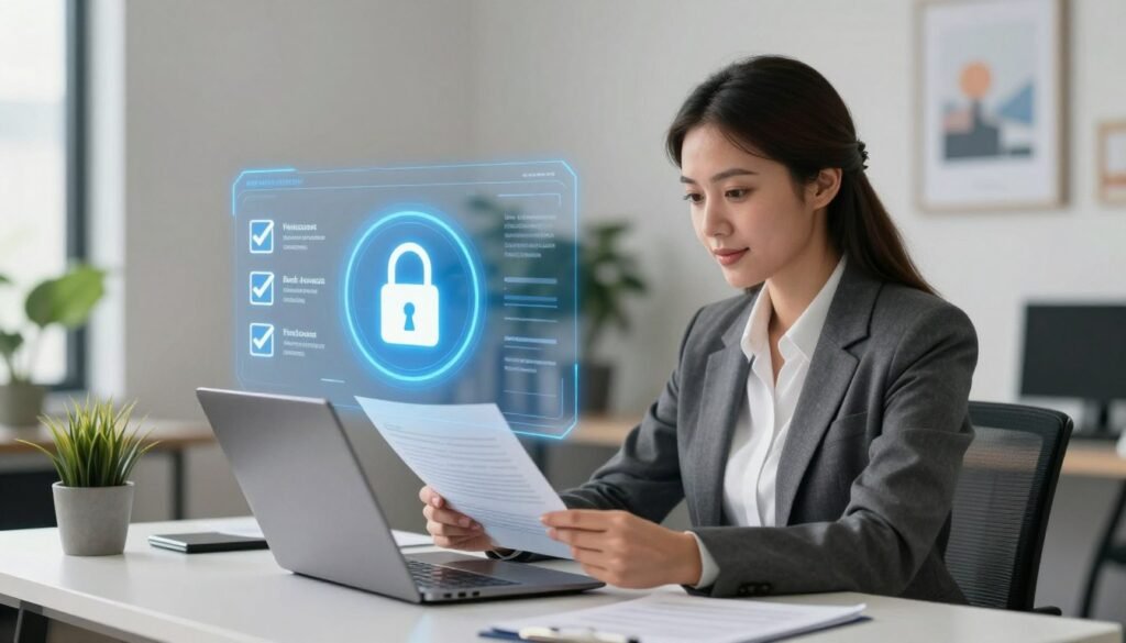 A modern office environment highlighting the concept of bank account verification. In the foreground, a confident businesswoman in professional attire, sitting at a sleek desk, closely examining digital documents on a laptop. The middle layer features a secure digital interface displayed on the screen, showcasing symbols of verification—like checkmarks and a padlock icon—emanating a blue glow. In the background, soft-focus office decor, such as potted plants and inspirational artworks, contributes to a sense of professionalism and trust. The lighting is bright yet soft, illuminating the scene with a warm, inviting atmosphere. Capture the mood of innovation and security, emphasizing the importance of trust in financial transactions.