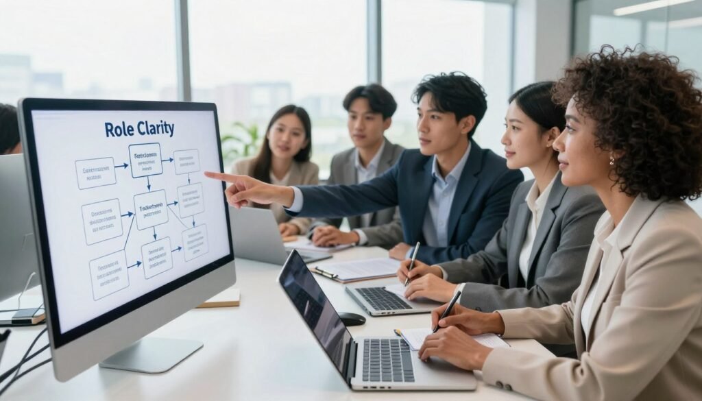 A modern office setting where a diverse group of professionals gather around a large table, engaged in a collaborative discussion. In the foreground, a middle-aged Black woman points toward a clear, concise visual chart on a digital screen, symbolizing role clarity and decision-making framework. The middle of the scene shows a mix of individuals in business attire, including a young Hispanic man and an Asian woman, all actively listening and taking notes. In the background, large windows bathe the space in natural light, creating an open, transparent atmosphere. The mood is focused yet positive, conveying a sense of empowerment and clarity. The image is captured with a slight overhead angle to enhance the collaborative environment and the professionalism of the scene. A modern office setting where a diverse group of professionals gather around a large table, engaged in a collaborative discussion. In the foreground, a middle-aged Black woman points toward a clear, concise visual chart on a digital screen, symbolizing role clarity and decision-making framework. The middle of the scene shows a mix of individuals in business attire, including a young Hispanic man and an Asian woman, all actively listening and taking notes. In the background, large windows bathe the space in natural light, creating an open, transparent atmosphere. The mood is focused yet positive, conveying a sense of empowerment and clarity. The image is captured with a slight overhead angle to enhance the collaborative environment and the professionalism of the scene.
