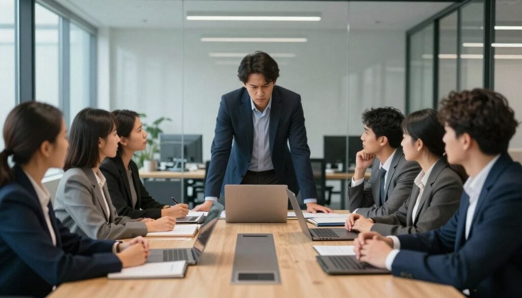 A modern office setting with a large conference table as the foreground, where a diverse group of professionals, dressed in smart business attire, are engaged in discussion. One person stands at the head of the table, looking strained and frustrated, while the others appear passive and disinterested, highlighting a one-way feedback dynamic. In the middle ground, various office supplies like notebooks and laptops are scattered, suggesting a brainstorming session. The background features sleek glass windows with soft natural light filtering in, casting gentle shadows. The overall mood is tense and reflective, evoking a need for change in communication styles. The image should be shot with a wide-angle lens to capture the entire scene, with a focus on the expressions of the participants.