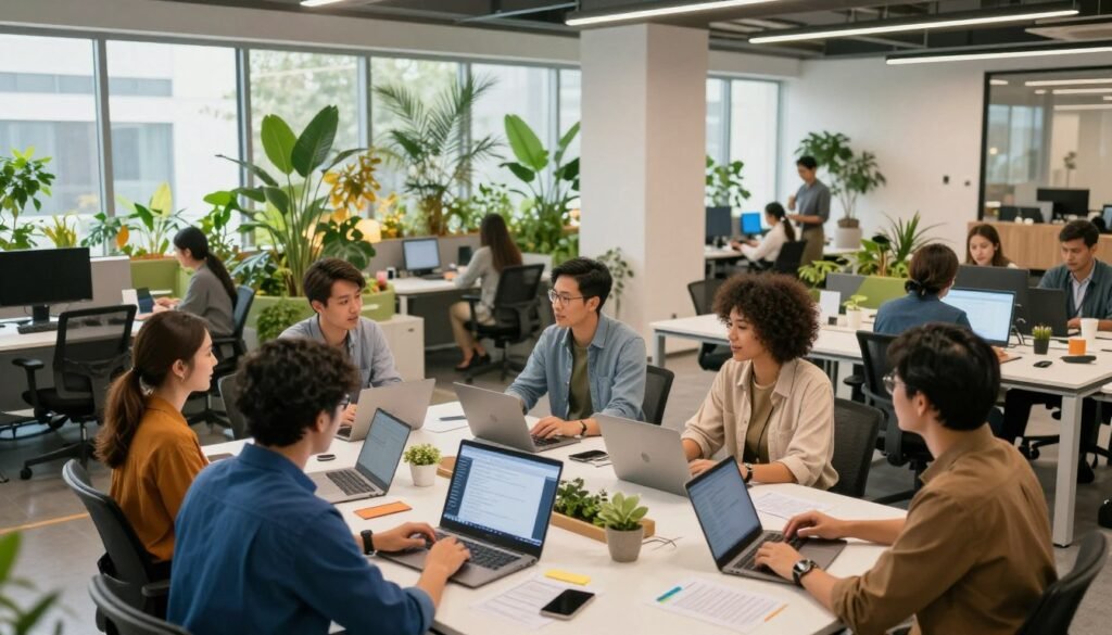 A modern office space showcasing a vibrant and adaptive workplace environment heading into 2026. In the foreground, a diverse group of professionals in smart casual attire engages in brainstorming around a large table filled with digital devices and notes, symbolizing collaboration and innovation. The middle ground features an open area with flexible workstations and biophilic design elements like indoor plants, promoting a healthy work culture. In the background, large windows let in warm, natural light that contrasts with a bright, modern color palette of blues and greens. The overall mood is one of dynamism and inclusivity, reflecting the shift towards authentic leadership and employee well-being in the evolving workplace landscape.