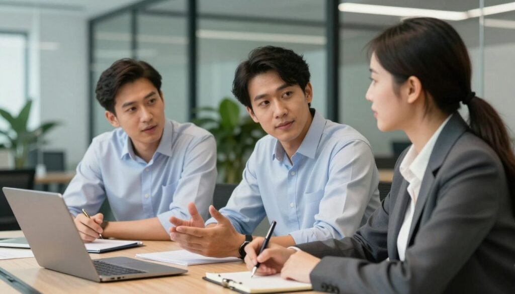 A professional business environment with a diverse group of three individuals engaged in a thoughtful discussion around a table. In the foreground, a woman in a smart blazer, actively listening and writing notes, symbolizes curiosity and openness. The middle ground showcases two men, one gesturing thoughtfully, while the other leans in, showing engagement; they wear crisp dress shirts. The background features a modern office with glass walls and greenery, suggesting a healthy work atmosphere. Soft, natural lighting filters through the windows, creating a warm and inviting ambiance. The angle is slightly elevated, providing a comprehensive view of the interaction, emphasizing collaboration and inquiry instead of directive. The overall mood reflects empowerment and connection in leadership communication. A professional business environment with a diverse group of three individuals engaged in a thoughtful discussion around a table. In the foreground, a woman in a smart blazer, actively listening and writing notes, symbolizes curiosity and openness. The middle ground showcases two men, one gesturing thoughtfully, while the other leans in, showing engagement; they wear crisp dress shirts. The background features a modern office with glass walls and greenery, suggesting a healthy work atmosphere. Soft, natural lighting filters through the windows, creating a warm and inviting ambiance. The angle is slightly elevated, providing a comprehensive view of the interaction, emphasizing collaboration and inquiry instead of directive. The overall mood reflects empowerment and connection in leadership communication.