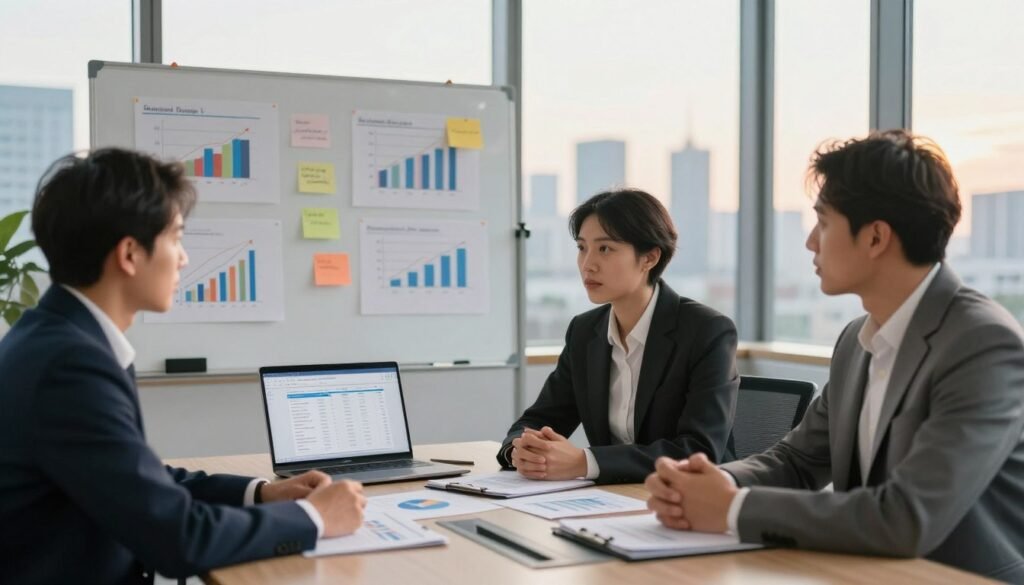 A professional business meeting scene depicting the fundraising investment process in a modern office setting. In the foreground, a diverse group of three founders in professional attire, looking engaged and attentive, are discussing financial charts and documents on a sleek conference table. The middle ground features a large whiteboard filled with colorful graphs and notes about investment strategies, and a laptop open with visible spreadsheets. In the background, large windows showcase a city skyline during the golden hour, casting warm natural light into the room. The mood is one of focused determination, reflecting both the potential and challenges of startup funding. Use a shallow depth of field to emphasize the founders while softly blurring the background details.