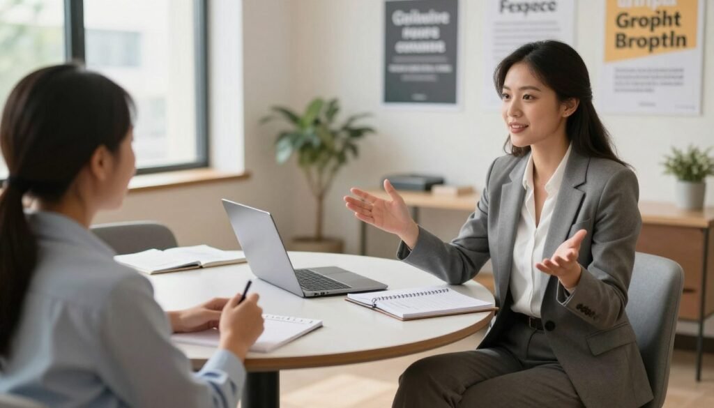 A professional coaching session taking place in a modern office setting. In the foreground, a confident female leader in a smart business suit is giving constructive feedback to a team member seated across from her, who looks engaged and inspired. Both individuals exhibit open body language, conveying a sense of trust and mutual respect. In the middle ground, a round table is cluttered with notebooks and a laptop, reflecting a collaborative environment. The background features large windows with natural light streaming in, illuminating motivational posters about growth and feedback on the walls. The overall atmosphere is positive and encouraging, with a warm color palette that emphasizes confidence and support. The image should be captured from a slightly elevated angle, creating a sense of depth and engagement among the subjects.