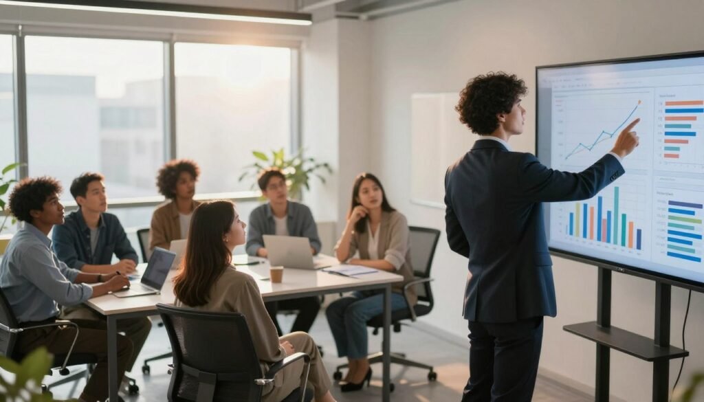 A professional leader stands confidently at the forefront of a modern office space, guiding a diverse team of employees. The leader, dressed in a smart suit, gestures towards a large digital screen displaying dynamic graphs and charts symbolizing change and adaptation. In the middle ground, team members, a mix of genders and ethnicities, engage in a collaborative discussion, showcasing focus and determination. The background features sleek office furniture and large windows letting in soft, natural light, creating an inviting atmosphere. The mood is one of motivation and teamwork, with warm lighting emphasizing connection and support among the team. The angle captures a slightly elevated view, inspiring a sense of progress and unity amidst change.
