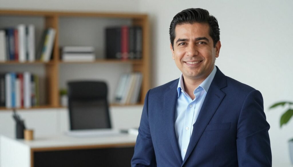 A professional portrait of Juan Manuel Lemus Rangel, capturing him in a confident, approachable pose. He has neatly combed dark hair and wears a tailored navy blue suit with a light blue shirt, exuding professionalism. The foreground features him positioned slightly to the right, with a subtle smile that conveys warmth and leadership. In the middle background, incorporate soft-focus elements like a modern office setting with bookshelves filled with business literature and a sleek desk, suggesting his role as a co-founder. The lighting is bright yet soft, highlighting his face while creating a welcoming atmosphere. Use a shallow depth of field to keep the focus on him while blurring the office details slightly, enhancing the professional mood of the scene. A professional portrait of Juan Manuel Lemus Rangel, capturing him in a confident, approachable pose. He has neatly combed dark hair and wears a tailored navy blue suit with a light blue shirt, exuding professionalism. The foreground features him positioned slightly to the right, with a subtle smile that conveys warmth and leadership. In the middle background, incorporate soft-focus elements like a modern office setting with bookshelves filled with business literature and a sleek desk, suggesting his role as a co-founder. The lighting is bright yet soft, highlighting his face while creating a welcoming atmosphere. Use a shallow depth of field to keep the focus on him while blurring the office details slightly, enhancing the professional mood of the scene.