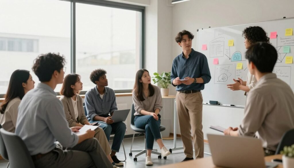 A serene modern office environment showcasing a diverse group of professionals engaged in constructive dialogue. In the foreground, a team member in smart casual attire is sharing ideas, while others listen attentively, leaning forward with expressions of curiosity and support. In the middle, a whiteboard with colorful sticky notes and diagrams illustrates collective brainstorming and learning from past mistakes. The background features large windows letting in soft, natural light that creates an inviting atmosphere. The overall mood is collaborative and optimistic, emphasizing a culture of psychological safety and continuous learning. Use a wide-angle lens perspective to capture the warmth and openness of the space, creating a sense of community and encouragement within the workplace.