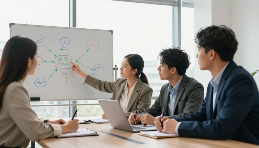 A serene office environment, with a diverse group of four professionals engaged in a collaborative discussion around a large table. In the foreground, a woman in a smart casual outfit is pointing at a chart, while a man in a business suit listens attentively, jotting notes. The middle ground showcases a whiteboard filled with colorful drawings of mistakes transformed into green pathways of learning opportunities. In the background, large windows let in soft, natural light, casting a warm glow over the scene. The atmosphere is positive and constructive, highlighting teamwork and accountability without blame, inviting a sense of growth and optimism. The focus is sharp, capturing the expressions of determination and openness on the professionals’ faces, creating an inviting and motivational scene.