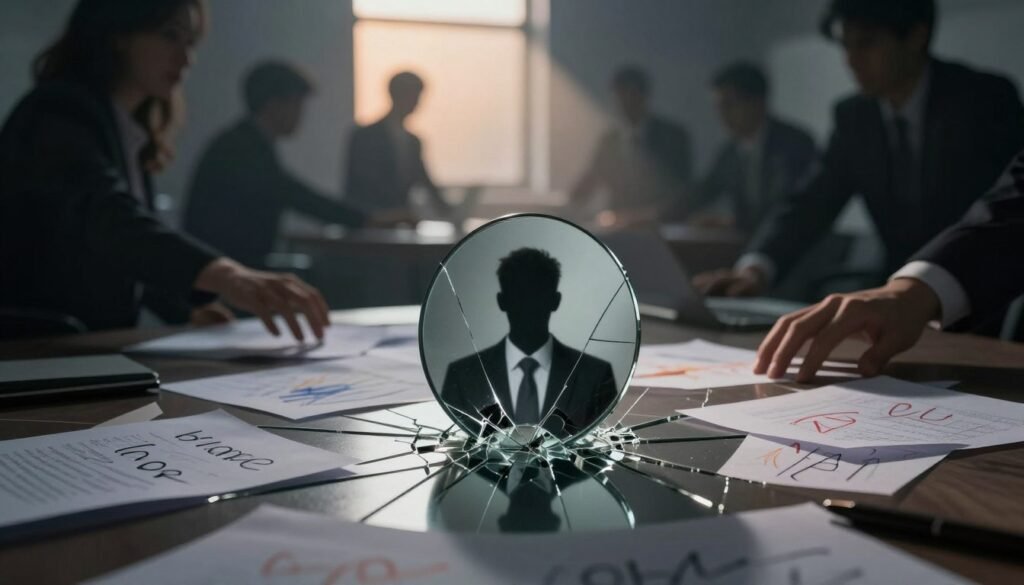 A symbolic representation of "blame," featuring a cracked mirror in the foreground reflecting a shadowy figure in business attire, embodying self-doubt and introspection. Surrounding the mirror, scattered papers with scribbled complaints and accusations in muted colors, symbolizing the chaos of blame culture. The middle ground consists of faded silhouettes of individuals, their hands reaching out as if trying to escape the cycle of blame. In the background, a gloomy office setting with dim lighting, casting long shadows, emphasizing isolation and negativity. A warm but distant light beam breaks through a window, hinting at hope and accountability. The mood is somber yet thought-provoking, inviting viewers to contemplate the destructive nature of blame.