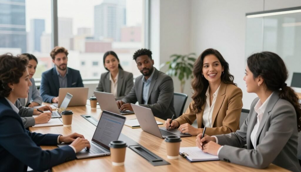 A vibrant office environment depicting Latin American entrepreneurship, with diverse individuals in professional business attire collaborating around a modern conference table. In the foreground, a Hispanic female entrepreneur passionately presents her startup idea, while a male entrepreneur of African descent takes notes. The middle ground shows a diverse group engaged in a brainstorming session, with laptops and coffee cups scattered across the table. The background features a large window showcasing a city skyline, capturing the essence of innovation and ambition. The lighting is bright and optimistic, with warm tones creating an inviting atmosphere. The camera angle is slightly elevated, focusing on the interaction within the group, highlighting a sense of community and support among entrepreneurs.