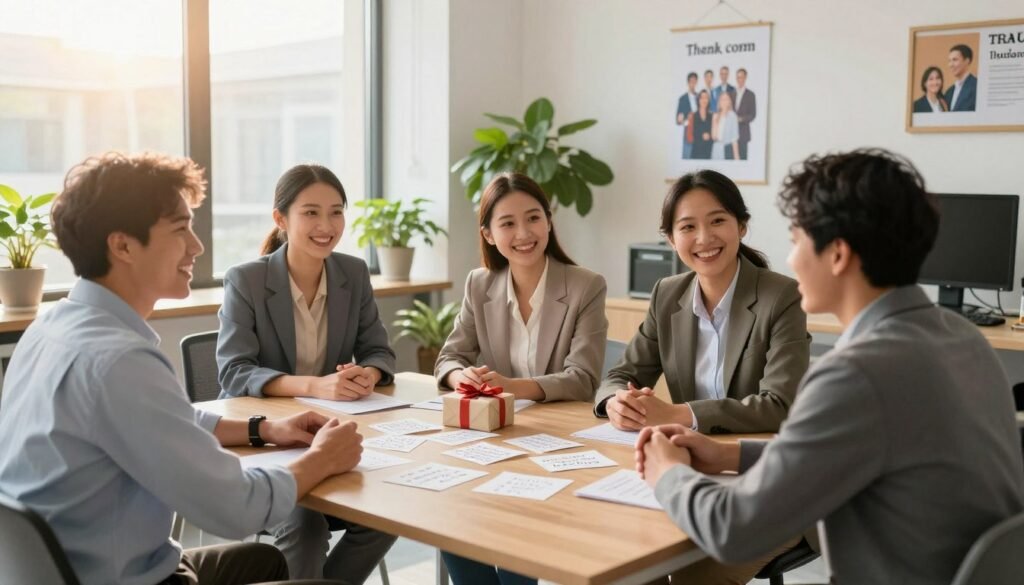 A vibrant office setting illustrating employee motivation and appreciation. In the foreground, a diverse group of employees—two men and two women—smiling and engaged in a collaborative discussion, dressed in professional business attire. In the middle, a table adorned with thank-you notes and small gifts reflecting organizational appreciation, with a motivational poster on the wall promoting teamwork. In the background, large windows let in warm sunlight, creating an inviting atmosphere filled with greenery from indoor plants. The scene captures an uplifting mood, emphasizing camaraderie and support. Use soft, natural lighting to highlight facial expressions and create a warm, inspiring ambiance. Focus on a wide-angle lens to encompass the dynamic office environment, enriching the sense of teamwork. A vibrant office setting illustrating employee motivation and appreciation. In the foreground, a diverse group of employees—two men and two women—smiling and engaged in a collaborative discussion, dressed in professional business attire. In the middle, a table adorned with thank-you notes and small gifts reflecting organizational appreciation, with a motivational poster on the wall promoting teamwork. In the background, large windows let in warm sunlight, creating an inviting atmosphere filled with greenery from indoor plants. The scene captures an uplifting mood, emphasizing camaraderie and support. Use soft, natural lighting to highlight facial expressions and create a warm, inspiring ambiance. Focus on a wide-angle lens to encompass the dynamic office environment, enriching the sense of teamwork.