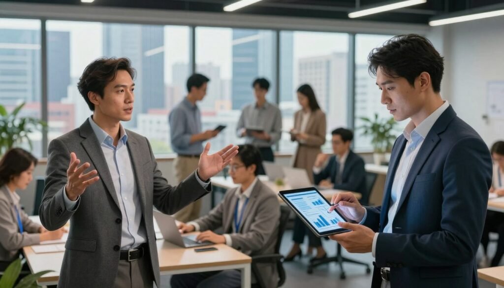 A visually striking split-scene composition representing the balance between leadership and management in a business environment. In the foreground, depict two distinct figures: on the left, a confident leader in a tailored suit, inspiring and engaging a team with expressive body language, surrounded by light that symbolizes innovation and vision; on the right, a meticulous manager in business casual attire, organizing data on a digital tablet with analytical charts around them, illuminated by soft, focused lighting that conveys structure and stability. In the middle ground, convey a dynamic workspace filled with collaborative energy, diverse team members brainstorming ideas. The background shows a modern office skyline through large windows, emphasizing growth and opportunity. The overall mood is motivational, reflecting the synergy required to build a scalable organization. A visually striking split-scene composition representing the balance between leadership and management in a business environment. In the foreground, depict two distinct figures: on the left, a confident leader in a tailored suit, inspiring and engaging a team with expressive body language, surrounded by light that symbolizes innovation and vision; on the right, a meticulous manager in business casual attire, organizing data on a digital tablet with analytical charts around them, illuminated by soft, focused lighting that conveys structure and stability. In the middle ground, convey a dynamic workspace filled with collaborative energy, diverse team members brainstorming ideas. The background shows a modern office skyline through large windows, emphasizing growth and opportunity. The overall mood is motivational, reflecting the synergy required to build a scalable organization.