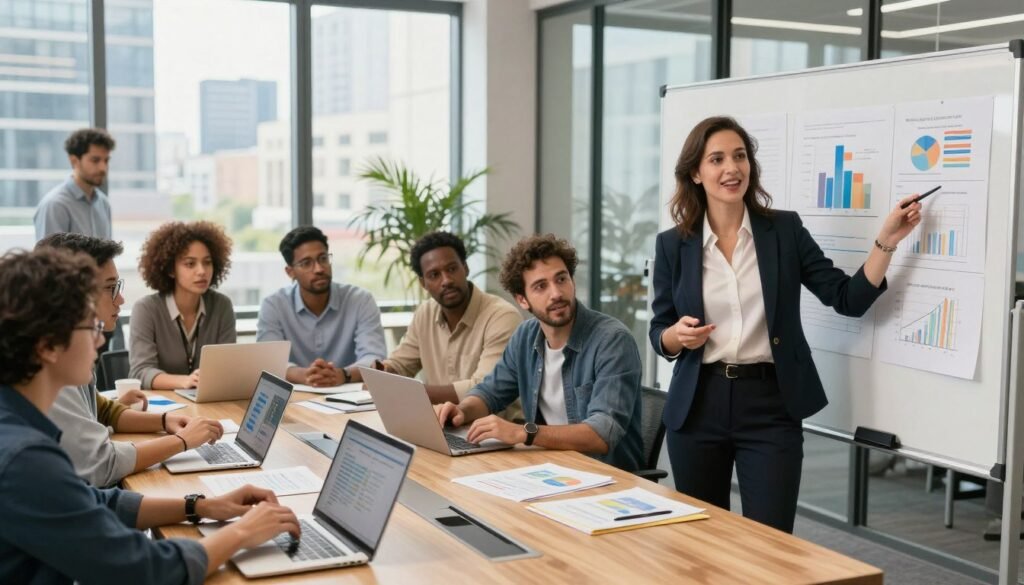A busy modern office environment filled with diverse professionals engaged in collaborative decision-making. In the foreground, a confident woman in professional attire is presenting a decision framework on a smartboard, showcasing charts and diagrams with clarity and enthusiasm. In the middle ground, colleagues of various ethnicities gather around a conference table, analyzing data on laptops and discussing strategies. The background shows large windows with cityscape views, reflecting a bright, productive atmosphere. Warm, natural lighting illuminates the scene, creating a sense of focus and teamwork. Capture the dynamic energy of entrepreneurs implementing effective decision frameworks while maintaining a fast-paced workflow.