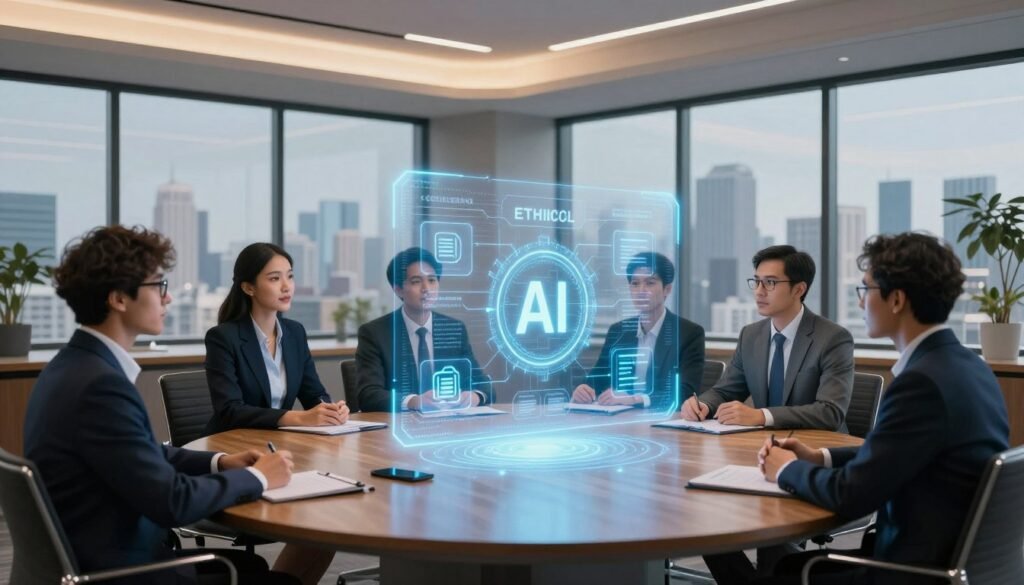 A conceptual illustration of AI ethics principles in a professional setting. In the foreground, several diverse individuals in formal business attire engage in a collaborative discussion around a large, glowing holographic display representing ethical AI frameworks. In the middle ground, a sleek, modern conference room with a large wooden table and contemporary design elements enhances the atmosphere of innovation. The background features a panoramic window with a city skyline, symbolizing the intersection of technology and society. Soft, ambient lighting casts a warm glow, creating an inviting yet serious mood. The image captures a sense of teamwork, responsibility, and focus on ethical considerations in AI development, emphasizing the importance of fostering an ethical AI culture. A conceptual illustration of AI ethics principles in a professional setting. In the foreground, several diverse individuals in formal business attire engage in a collaborative discussion around a large, glowing holographic display representing ethical AI frameworks. In the middle ground, a sleek, modern conference room with a large wooden table and contemporary design elements enhances the atmosphere of innovation. The background features a panoramic window with a city skyline, symbolizing the intersection of technology and society. Soft, ambient lighting casts a warm glow, creating an inviting yet serious mood. The image captures a sense of teamwork, responsibility, and focus on ethical considerations in AI development, emphasizing the importance of fostering an ethical AI culture.