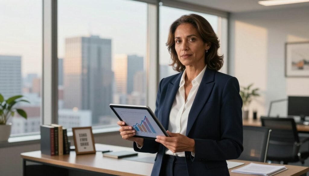 A confident business leader, a middle-aged woman of diverse ethnicity, stands in an elegantly designed office, surrounded by large windows that let in warm natural light. She is dressed in a tailored navy blazer and white blouse, embodying professionalism. In her hands, she holds a sleek tablet displaying a captivating graph that symbolizes growth and success, representing her leadership narrative. The foreground focuses on her determined expression, while the middle section reveals a desk adorned with inspirational books and a motivational quote picture frame. The background features a cityscape view, with skyscrapers gleaming in the soft afternoon light. The atmosphere is one of ambition and clarity, accentuated by a soft focus and gentle lighting that highlights her strength and vision.