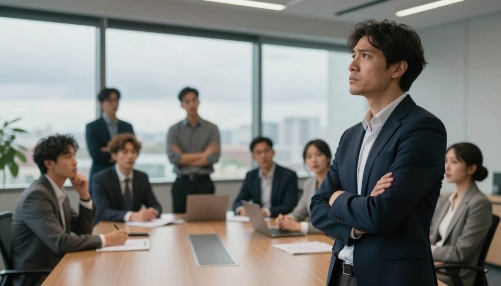 A contemplative business leader stands at the forefront, showcasing uncertainty on their face while gazing at a partially filled conference room. In the middle ground, diverse team members in professional attire engage in animated discussions, some glancing towards the leader, embodying a mix of hope and apprehension. The background features large windows revealing a cloudy skyline, suggesting unpredictability. Soft, diffused lighting illuminates the scene, enhancing the atmosphere of introspection and potential. The scene is captured from a slightly low angle, providing a sense of depth and emphasizing the leader's pivotal position in this moment of change. The mood feels both tense and hopeful, highlighting the journey of trust-building amidst uncertainty.