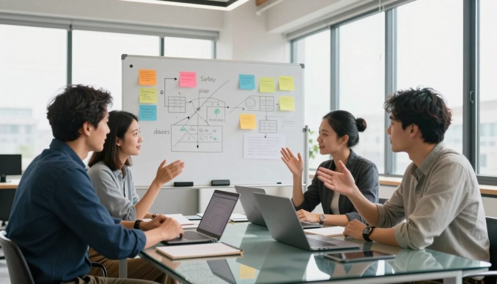 A diverse group of four leaders, two men and two women, engaged in a lively brainstorming session in a modern office space. In the foreground, the leaders are seated around a sleek glass table, collaborating with laptops and notepads, showcasing gestures of encouragement and thoughtful discussion. In the middle, a large whiteboard filled with colorful brainstorming notes and diagrams represents ideas flowing freely. The background features large windows letting in soft, natural light, creating a warm and inviting atmosphere. The mood is positive and productive, capturing the essence of psychological safety in a startup setting. Professionals are dressed in smart casual attire, exuding confidence and approachability, enhancing the feeling of collaboration and support.