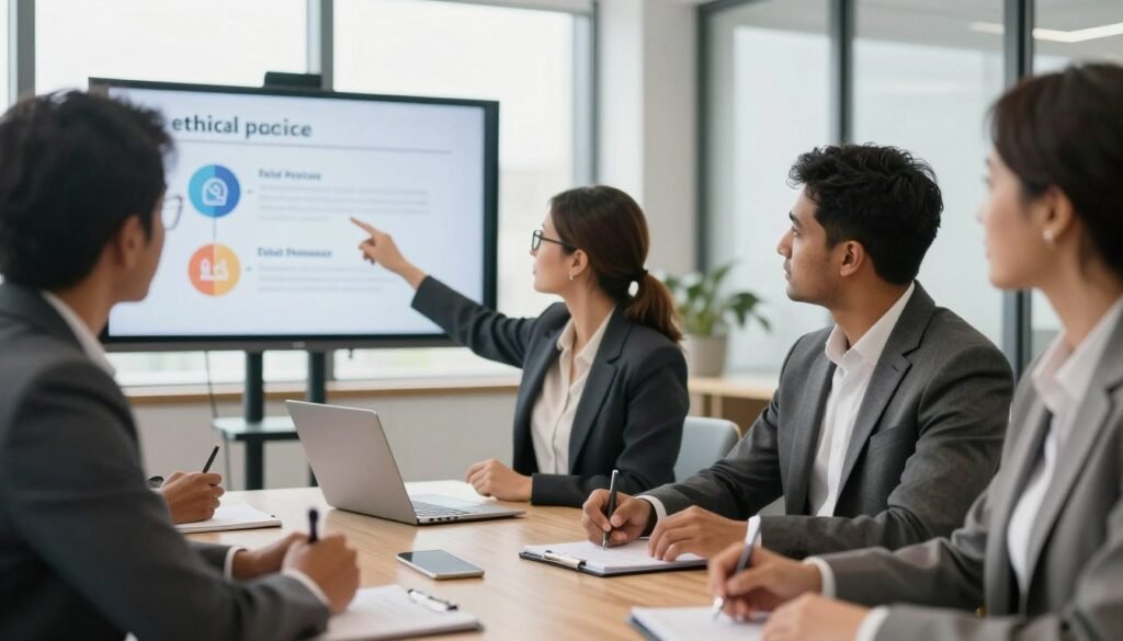 A diverse group of professional business leaders engaged in a roundtable discussion, highlighting their responsibilities to stakeholders. In the foreground, a Black woman in a smart blazer is confidently presenting ideas, while a South Asian man in a tailored suit listens attentively, taking notes. In the middle, a Caucasian woman with glasses is pointing towards a visual presentation that outlines ethical practices. The background features a modern office environment with large windows allowing natural light to flood in, creating a warm and collaborative atmosphere. Soft shadows add depth to the scene, emphasizing the importance of dialogue and ethical leadership. The overall mood is one of responsibility, cooperation, and purposeful engagement.