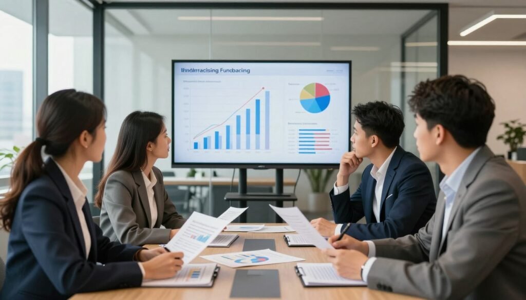 A diverse group of professional investors engaged in a thoughtful discussion around a conference table. In the foreground, three women and two men, all dressed in tailored business attire, are analyzing charts and financial documents. Their expressions show focus and determination. In the middle ground, a large screen displays a dynamic fundraising presentation with clear graphs and visuals illustrating potential growth. The background features a modern office space with glass walls and city views, bathed in warm, natural light from large windows, creating a bright and optimistic atmosphere. The composition should be captured from a slight angle to provide depth, emphasizing collaboration and strategic planning among the investors. A diverse group of professional investors engaged in a thoughtful discussion around a conference table. In the foreground, three women and two men, all dressed in tailored business attire, are analyzing charts and financial documents. Their expressions show focus and determination. In the middle ground, a large screen displays a dynamic fundraising presentation with clear graphs and visuals illustrating potential growth. The background features a modern office space with glass walls and city views, bathed in warm, natural light from large windows, creating a bright and optimistic atmosphere. The composition should be captured from a slight angle to provide depth, emphasizing collaboration and strategic planning among the investors.