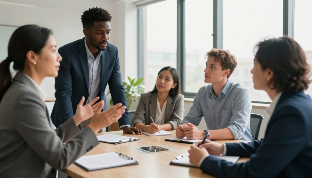 A diverse group of professionals engaged in a collaborative discussion, illustrating human-centered leadership. In the foreground, a middle-aged woman of Asian descent, wearing a smart blazer, gestures passionately while standing next to a young Black man in a tailored suit, who listens intently. In the middle ground, a Hispanic woman in business casual attire and a Caucasian man in a button-down shirt are seated at a round table, exchanging ideas with notepads in hand. The background features a modern office with large windows, letting in soft, warm natural light, creating a welcoming atmosphere. The composition captures a sense of innovation and teamwork, conveying the future of leadership in 2026 with a focus on collaboration and empathy. The angle is slightly elevated, offering a clear view of the engaged expressions and dynamic interaction among the team.