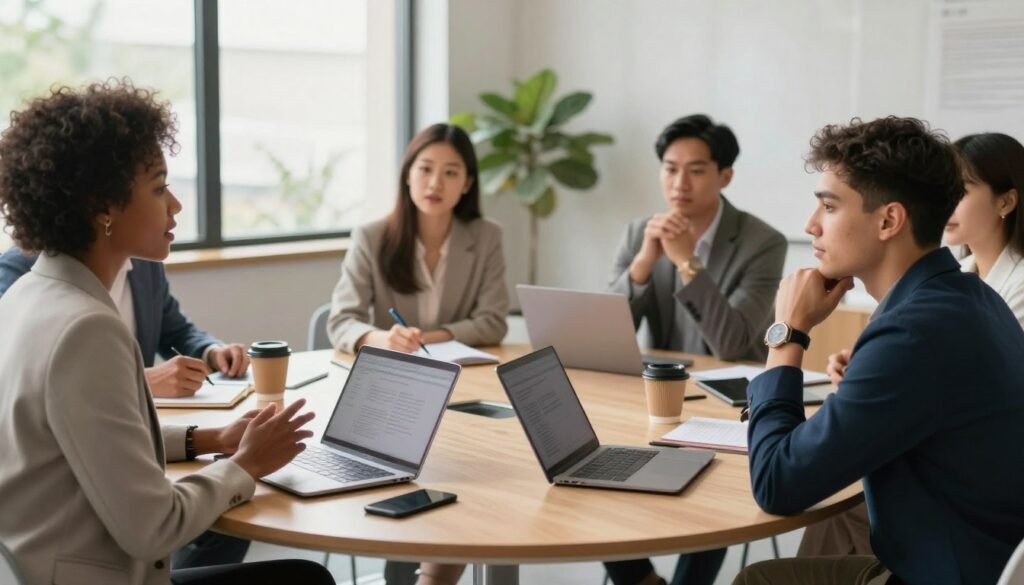 A diverse group of professionals engaged in an inclusive leadership meeting in a modern office space. In the foreground, a Black woman in a tailored blazer shares her ideas, while a Hispanic man thoughtfully listens, seated at a large round table. The middle ground features a white woman taking notes and an Asian man nodding in agreement, all surrounded by laptops, notepads, and cups of coffee, symbolizing collaboration. In the background, large windows let in soft natural light, creating a warm atmosphere, with greenery visible outside. The overall mood is focused yet relaxed, emphasizing openness and respect. The scene captures a blend of cultures and genders, reflecting the essence of effective inclusive leadership practices. A diverse group of professionals engaged in an inclusive leadership meeting in a modern office space. In the foreground, a Black woman in a tailored blazer shares her ideas, while a Hispanic man thoughtfully listens, seated at a large round table. The middle ground features a white woman taking notes and an Asian man nodding in agreement, all surrounded by laptops, notepads, and cups of coffee, symbolizing collaboration. In the background, large windows let in soft natural light, creating a warm atmosphere, with greenery visible outside. The overall mood is focused yet relaxed, emphasizing openness and respect. The scene captures a blend of cultures and genders, reflecting the essence of effective inclusive leadership practices.