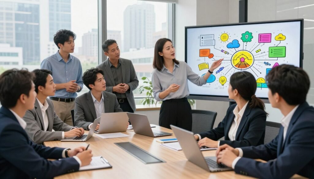 A diverse group of professionals in smart business attire, gathered around a large table, engaged in a brainstorming session. In the foreground, a confident woman passionately presents a visual map of a shared vision on a large screen, with bright and vivid colors representing innovative ideas and future goals. The middle ground features team members analyzing and discussing the proposed vision, showcasing expressions of curiosity and inspiration. In the background, large windows allow soft, natural light to filter in, illuminating an urban skyline that symbolizes opportunity and growth. The atmosphere is energetic, collaborative, and forward-thinking, embodying the spirit of visionary leadership. Use a slight wide-angle lens to capture the dynamic interaction among the team, creating an engaging and motivating scene.