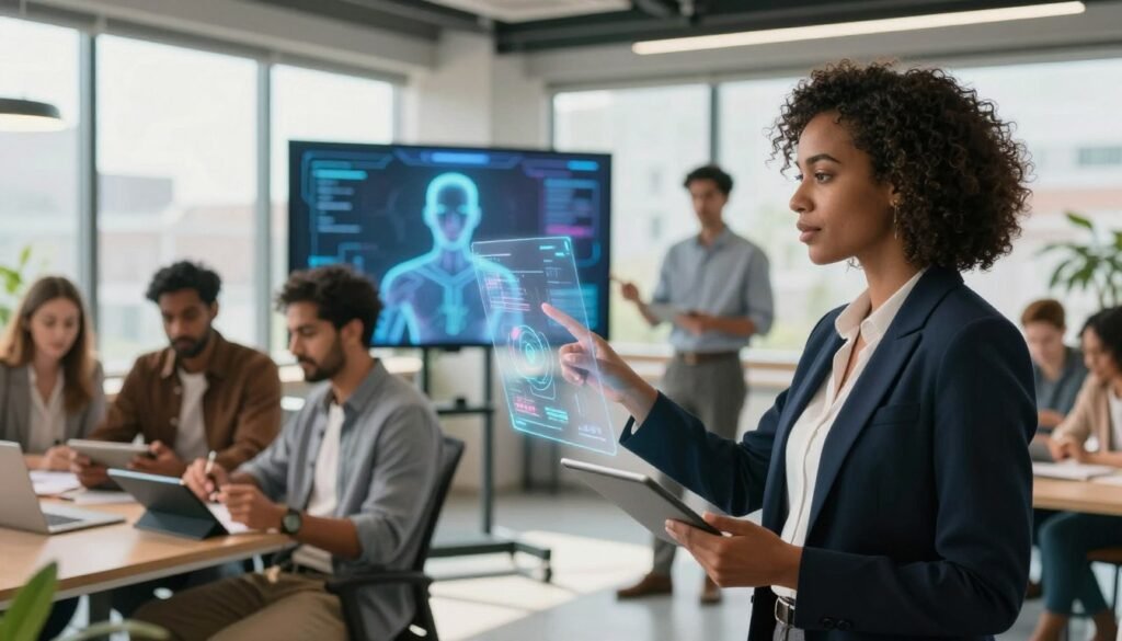 A diverse group of professionals, including men and women of various ethnicities, collaborate in a modern office space, blending human interactions with advanced digital technology. In the foreground, a Black woman in a sleek business suit points at a holographic interface, while a South Asian man in casual attire takes notes on a tablet. In the middle ground, a mixed-gender team discusses strategies, with a virtual AI assistant displayed on a large screen behind them. The background is filled with large windows allowing natural light to flood in, creating an open and inviting atmosphere. Soft shadows and warm lighting enhance the feeling of innovation and teamwork. The overall mood is dynamic and forward-thinking, capturing the essence of hybrid human-AI collaboration.