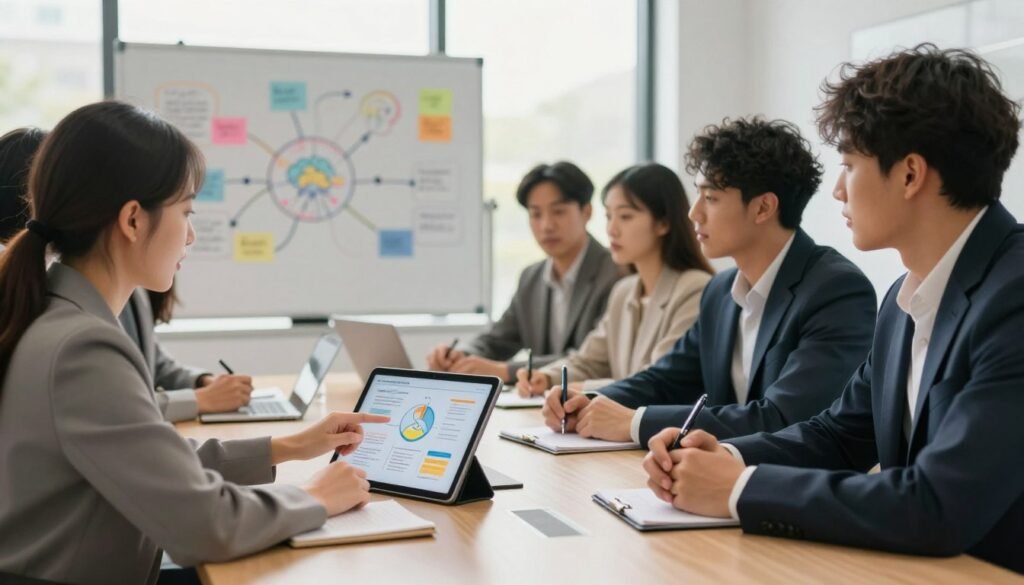 A diverse group of professionals sitting around a modern conference table, engaged in a dynamic brainstorming session. In the foreground, a woman in a smart business attire is pointing at a digital tablet showing a visually appealing infographic, while a man in a sleek suit takes notes, demonstrating focus and interest. The middle ground showcases a whiteboard filled with colorful ideas and mind maps, symbolizing creativity and collaboration. In the background, large windows let in warm, natural light, creating an inviting atmosphere. The overall mood is innovative and inspiring, capturing the essence of thought leadership content that resonates with audiences. The image should have a slight depth of field, focusing on the professionals while subtly blurring the background to emphasize collaboration.
