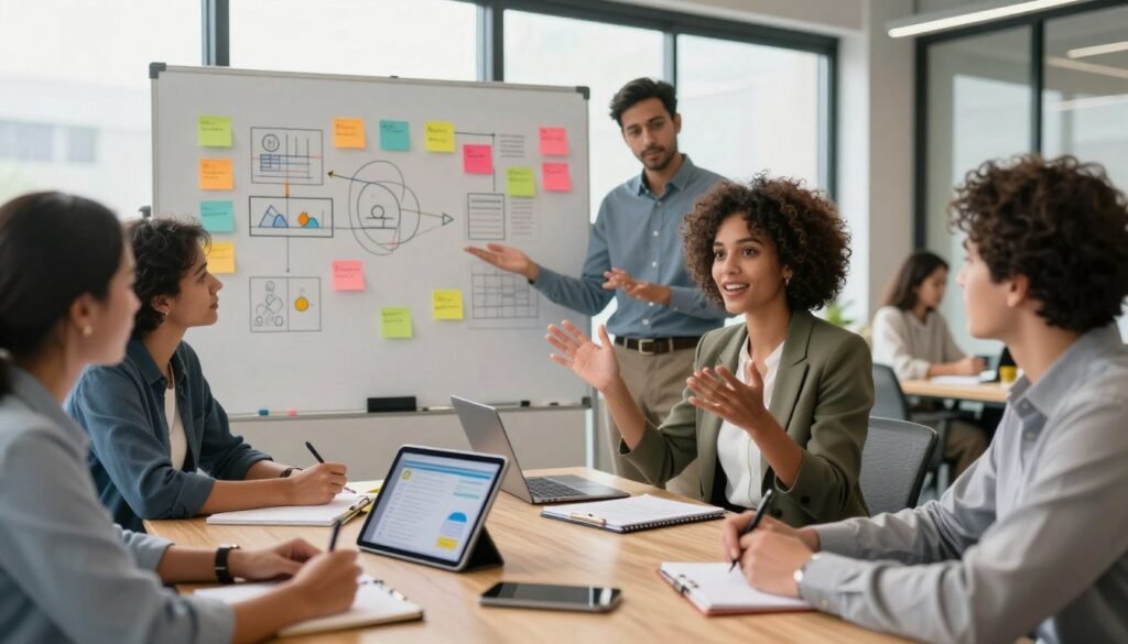 A diverse group of startup team members engaged in a vibrant brainstorming session in a modern office space. In the foreground, a confident woman leading the discussion gestures animatedly, while her colleagues of different ethnicities and genders, dressed in professional business attire, listen attentively and take notes. The middle layer showcases a large whiteboard filled with colorful sticky notes and diagrams illustrating innovative ideas, while a sleek tablet sits on the table displaying real-time data. In the background, large windows let in soft, natural light, enhancing the warm, collaborative atmosphere. The overall mood is one of enthusiasm, openness, and psychological safety, highlighting the connection between teamwork and innovation.