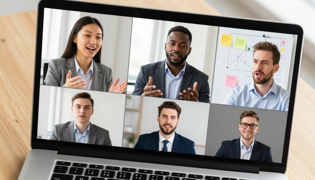 A diverse group of three professionals engaged in a dynamic virtual meeting, foreground featuring a laptop displaying facial expressions of engagement and collaboration. The middle section should include the individuals, one person of Asian descent, one Black, and one Caucasian, dressed in smart business attire, exchanging ideas with gestures that convey clarity and enthusiasm. In the background, a bright, modern office space with warm lighting enhances the atmosphere of connectivity and teamwork. Include elements like a whiteboard filled with diagrams and colorful sticky notes to signify brainstorming. The camera angle is slightly tilted from above, giving a view of the screen and faces, creating an inviting and inspiring mood that reflects effective communication in digital leadership.