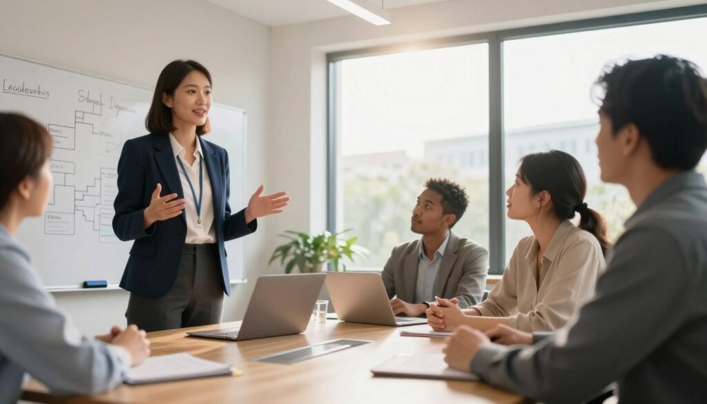 A dynamic and engaging workspace scene filled with diverse professionals discussing leadership narratives. In the foreground, a confident woman in a navy blue blazer gestures while standing near a whiteboard, filled with structured notes and diagrams. The middle ground features a multicultural group of individuals seated around a well-lit conference table, exchanging ideas, their expressions focused and inspired. The background shows large windows with natural sunlight pouring in, illuminating the room and creating a warm, inviting atmosphere. Use a slightly low-angle perspective to emphasize the leaders' stature and importance in the discussion. The overall mood should be collaborative and optimistic, reflecting the importance of memorable storytelling in leadership. Aim for a soft focus effect on the background to draw attention to the central action.